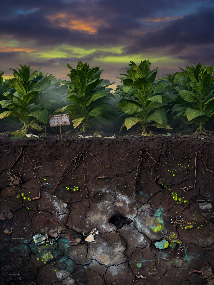 Illustration d'un profil de sol en pente cultivé en tabac : culture continue et acidification se superposent, tandis que le stock de nutriments, l'acidité et les formes disponibles des métaux lourds évoluent en même temps dans le même champ.